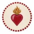 Detailed handmade beaded coaster, bohemian sacred heart pattern with gold flames and red border. - Sacred Heart Style / Multicolor