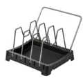 Adjustable pot and pan organizer rack with stainless steel dividers and kitchen towel bar. - Black