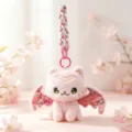 Cute pink bat cat plush toy keychain with cherry blossom wings and braided strap pendant - Pink