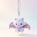 Detailed close-up of the cute plush bat cat keychain, featuring floral wings and braided strap. - Purple