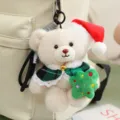 Süßer Weihnachts Teddybär Plüsch Schlüsselanhänger mit Mütze, Kuscheltier Taschenanhänger. - Grüner Karo Schal Weihnachtsbaum - Weiß