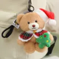 Weihnachten Teddybär Plüsch Schlüsselanhänger, süßer Bär mit Weihnachtsmütze für Tasche - Roter Karo Schal Weihnachtsbaum - Braun