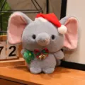 Christmas gray elephant plush toy with big pink ears, red santa hat, cute holiday gift - Christmas Tree Little Elephant