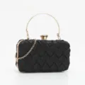 Black woven evening clutch bag with gold round handle and delicate chain strap detail. - Black Woven Satin Style (2)