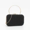 Exquisite black beaded evening clutch bag featuring a sleek gold metal handle and delicate chain. - Black Artificial Pearl Inlaid Style (7)