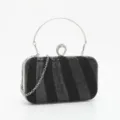 Black sequined evening clutch bag with rhinestone ring handle and silver chain strap for party. - Black Sequin Rhinestone Style (12)