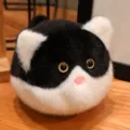 Cute round black and white cat plush toy, soft stuffed animal doll for kids and home decor. - Black Cat