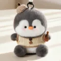 Cute grey penguin plush keychain with knit vest and mini guitar pendant, soft stuffed bag charm. - Khaki Clothes Style