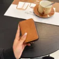 Brown retro PU leather card holder, compact multi-slot zipper wallet with embossed logo - Embossed 9-Card / Brown