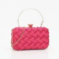 Rose red woven evening clutch bag with gold round handle and crystal clasp for women. - Rose Red Woven Satin Style (3)