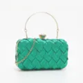 Green woven evening clutch bag with gold metal round handle and crystal clasp for women. - Green Woven Satin Style (4)
