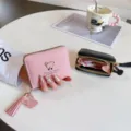 Pink and black short zip wallets for women with cute bear metal decor and tassel pendant. - Light Pink