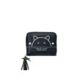 Women black pu leather short zipper coin purse with cute cat print and tassel pendant main view - Cat Ear Print Style / Black