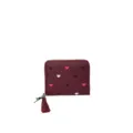 Burgundy PU leather short wallet with cute embroidered colorful hearts and tassel zipper pull. - Heart Stitching - Green