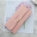 Pink long wallet for women, stylish minimalist design with metallic accent and card slots. - Pink