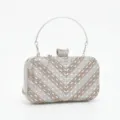 Stunning women rhinestone evening clutch bag with metal handle and chain for banquet party. - Silver Champagne Geometric Rhombus Style (16)