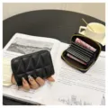 Black quilted leather accordion card holder with zip closure, compact multi-slot wallet. - Triangle Plaid-9 Cards / Black
