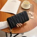 Black quilted long wallet for women, stylish zip-around purse with metal charm and large capacity. - W Wave - Black