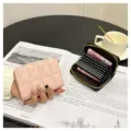 Women's quilted zip card holder, compact PU leather accordion wallet with multiple slots. - Triangle Plaid-9 Cards / Pink