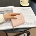 Pink quilted leather accordion card holder with metal zipper, compact multi-slot wallet. - Triangle Plaid-18 Cards / Pink