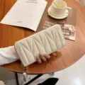 White quilted long wallet for women, stylish PU leather zip clutch with wrist strap. - W Wave - White