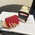 Women leather card holder multi slot zipper coin purse compact credit card wallet organizer - Smooth Pattern Red