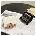 Women quilted accordion card holder with zipper, multi-slot credit card wallet case. - Triangle Plaid-9 Cards / White