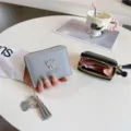 Women short zipper wallet cute cartoon bear leather coin purse with tassel pendant gray - Gray