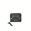 Women green pu leather short coin purse with zipper tassel and cute cat face print card holder - Cat Ear Print Style / Green