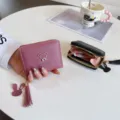 Women short zipper wallet cute bear tassel purse PU leather coin card holder black pink - Deep Pink