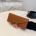 Women brown long envelope wallet PU leather slim multi card holder clutch purse chic. - Brown