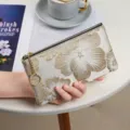 Chic embroidered long wallet clutch, elegant floral design with gold chain zip pocket for women. - Large Flower-Gold