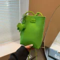 Cute green mini phone bag with crossbody strap and leaf pendant for daily casual use. - Litchi Pattern - Green