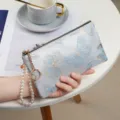 Chinese style embroidery long wallet with elegant butterfly pattern and pearl wrist strap. - Large Butterfly-Blue + Pearl Strap