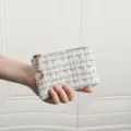 White gold tweed coin purse with zipper and keyring, compact small card wallet for women. - Short / Off White