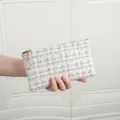 Women's white gold tweed mini clutch bag, elegant small wallet with zipper and ring pendant. - Long / Off White