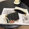 Women tweed short wallet with pearl chain zipper coin purse stylish plaid clutch card holder. - Short Style with Artificial Pearl / Black