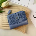 Blue denim pattern short wallet for women with zipper coin pocket and snap button closure. - Short / Blue