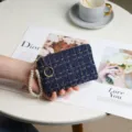Blue tweed wallet with pearl strap and gold zipper, stylish compact coin pouch variant. - Short / With Artificial Pearl Strap / Blue