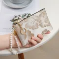 Chinese style embroidered pearl card holder wallet with chic zipper and elegant wrist strap. - Small Flower-Gold + Pearl Strap
