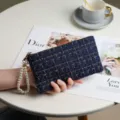 Navy tweed clutch wallet with pearl wrist strap, chic zipper coin pouch and card holder. - Long / With Artificial Pearl Strap / Blue