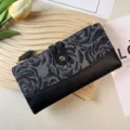 Women denim long wallet card holder chic coin purse black leather trim snap closure style - Long / Black
