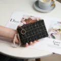 Black tweed coin purse with pearl wrist strap and zipper, elegant chic wallet for women daily use. - Short / With Artificial Pearl Strap / Black