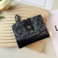Denim rose pattern women short wallet with snap button and zipper coin pocket black trim. - Short / Black