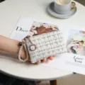 Elegant white tweed coin purse for women with pearl wrist strap and gold zipper closure. - Short / With Artificial Pearl Strap / Off White