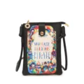 Cute black PU leather crossbody phone bag with colorful cartoon print, perfect for daily use. - Alphabet Girl