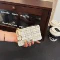 Women tweed coin purse small zipper card holder wallet with keychain fashion chic bag - Short / Off White