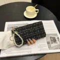 Black tweed woven women wallet clutch with pearl strap and zipper closure for cards and coins. - Long Style with Artificial Pearl / Black