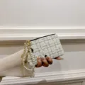 Women Tweed Coin Purse White Woven Card Holder Pearl Strap Short Wallet Clutch Bag - Short Style with Artificial Pearl / Off White