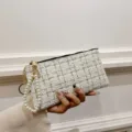 Women short tweed wallet white clutch purse with pearl wrist strap card holder coin pouch - Long Style with Artificial Pearl / Off White